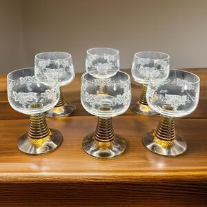 VTG Roemer Wine Glasses Germany Amber Ribbed Stems Etched Grapes Gold Rim Set 6